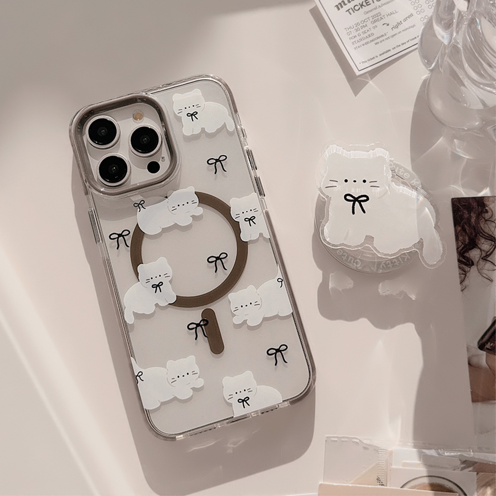 Phone Cases Girly - Korean Cartoon White Kitten Magnetic Bracket